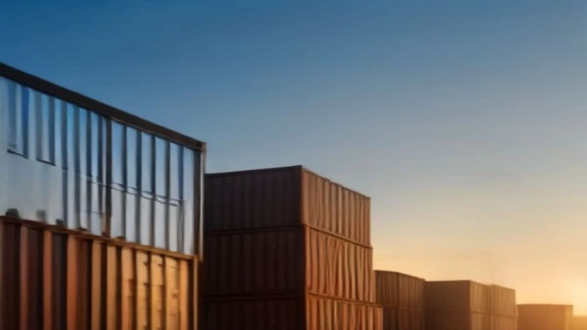 Photograph: over-the-shoulder view of a shipping container yard at golden hour with cranes in the background, overcast diffused light